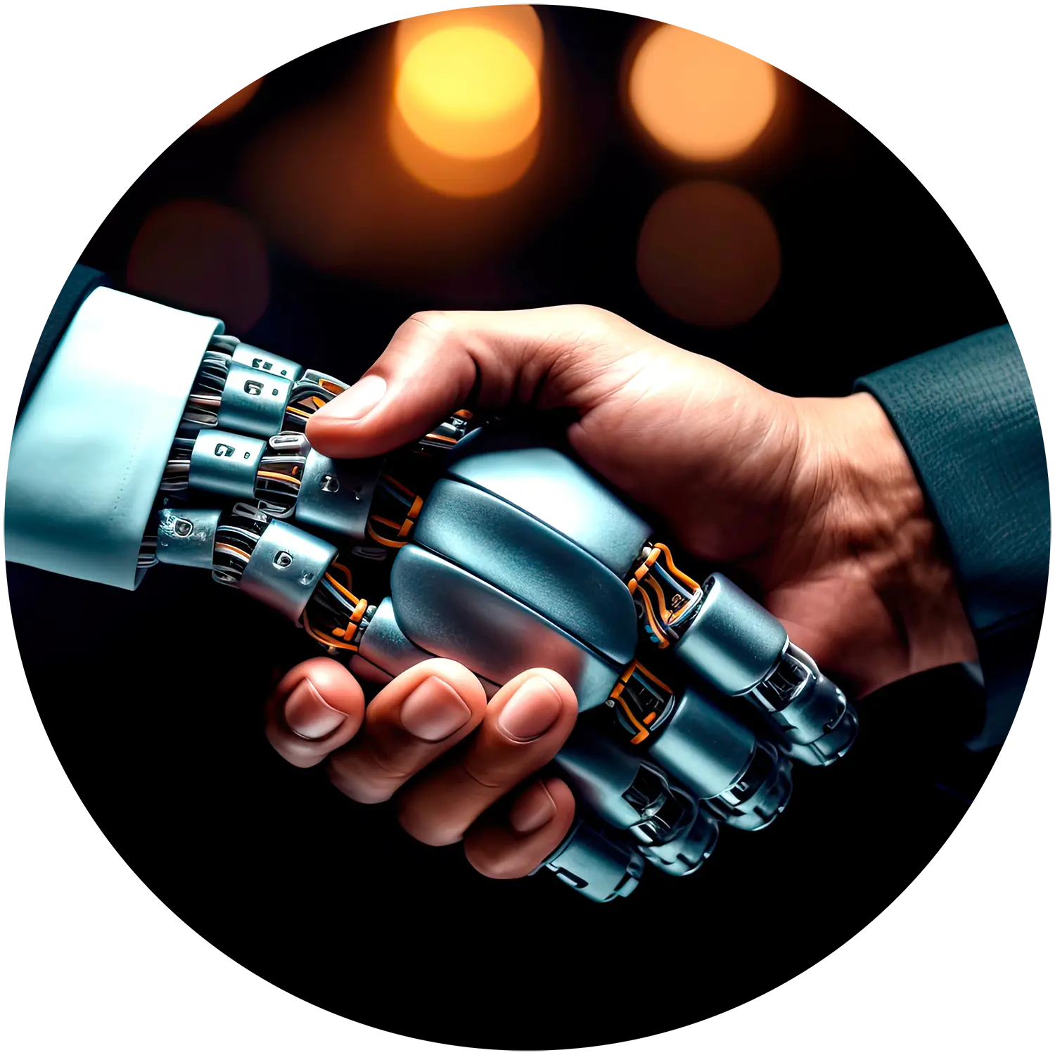 Human and AI Robot Shaking Hands as Allies