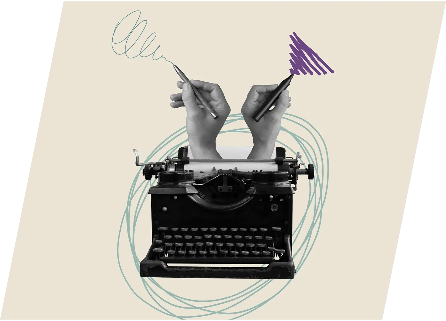 Image of typewriter with hands showing technology supporting content creation. 