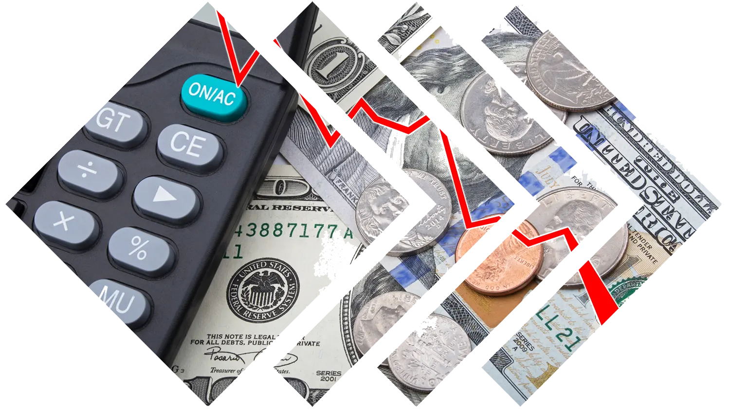 Photo of a calculator and money with a red line pointing down representing lost revenue.