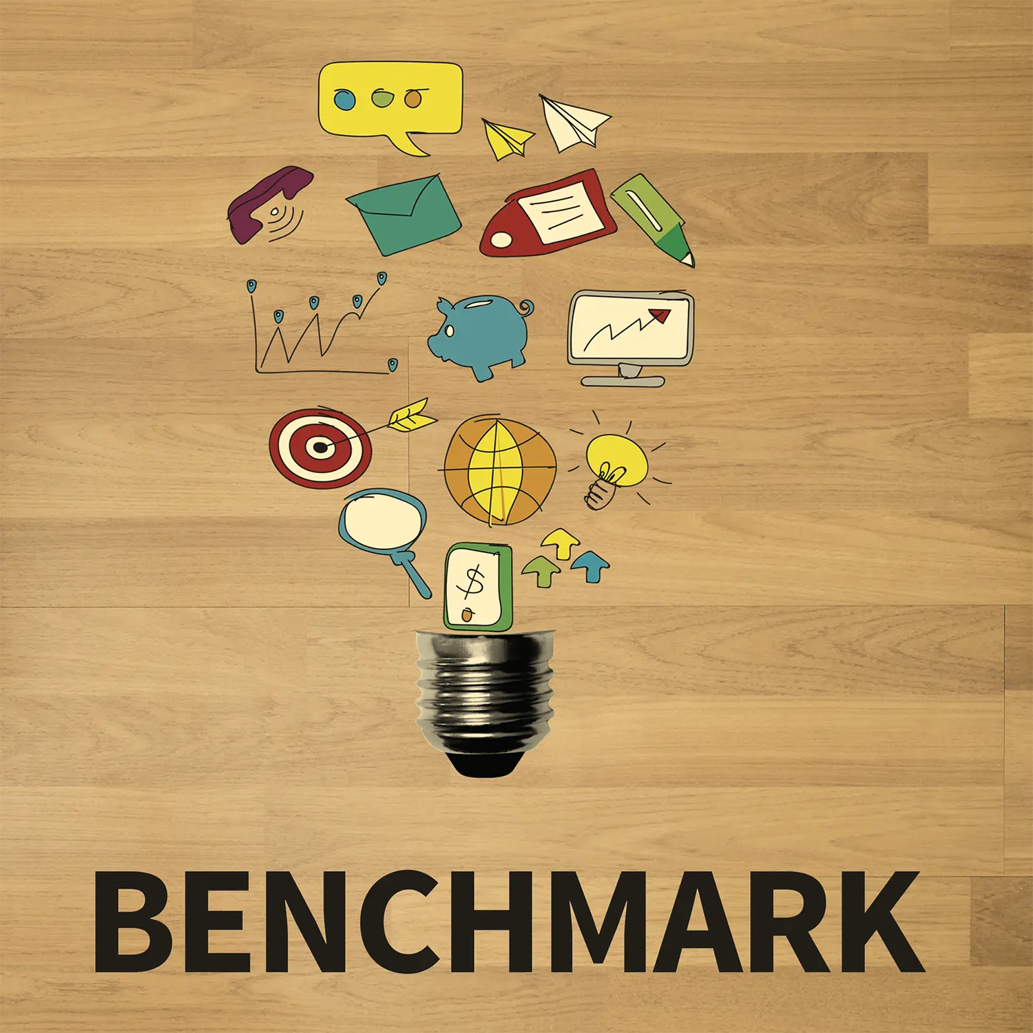 Photo of sketches creating a lightbulb shape with the word Benchmark across the bottom.