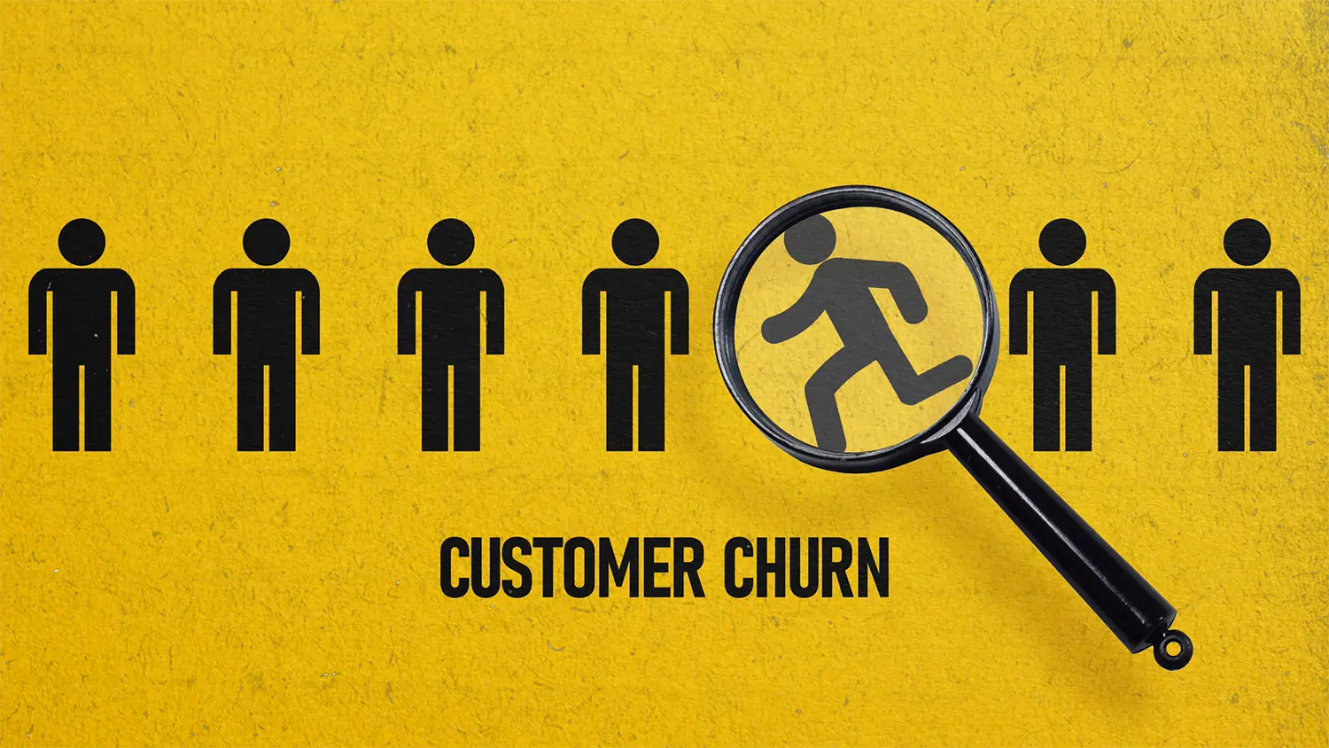 Image of a line of stick figures with a magnifying glass zoomed in on one figure running away with the words Customer Churn
